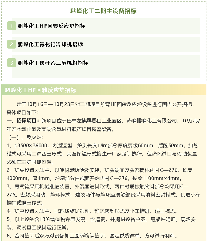 【招标公告】鹏峰化工HF回转反应炉、氟化铝冷却机、螺杆乙二醇机组招标43