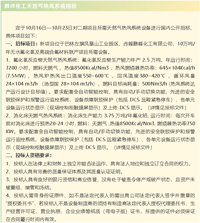 【招标公告】鹏峰化工流化床、天然气热风系统、石墨大气冷凝器招标42